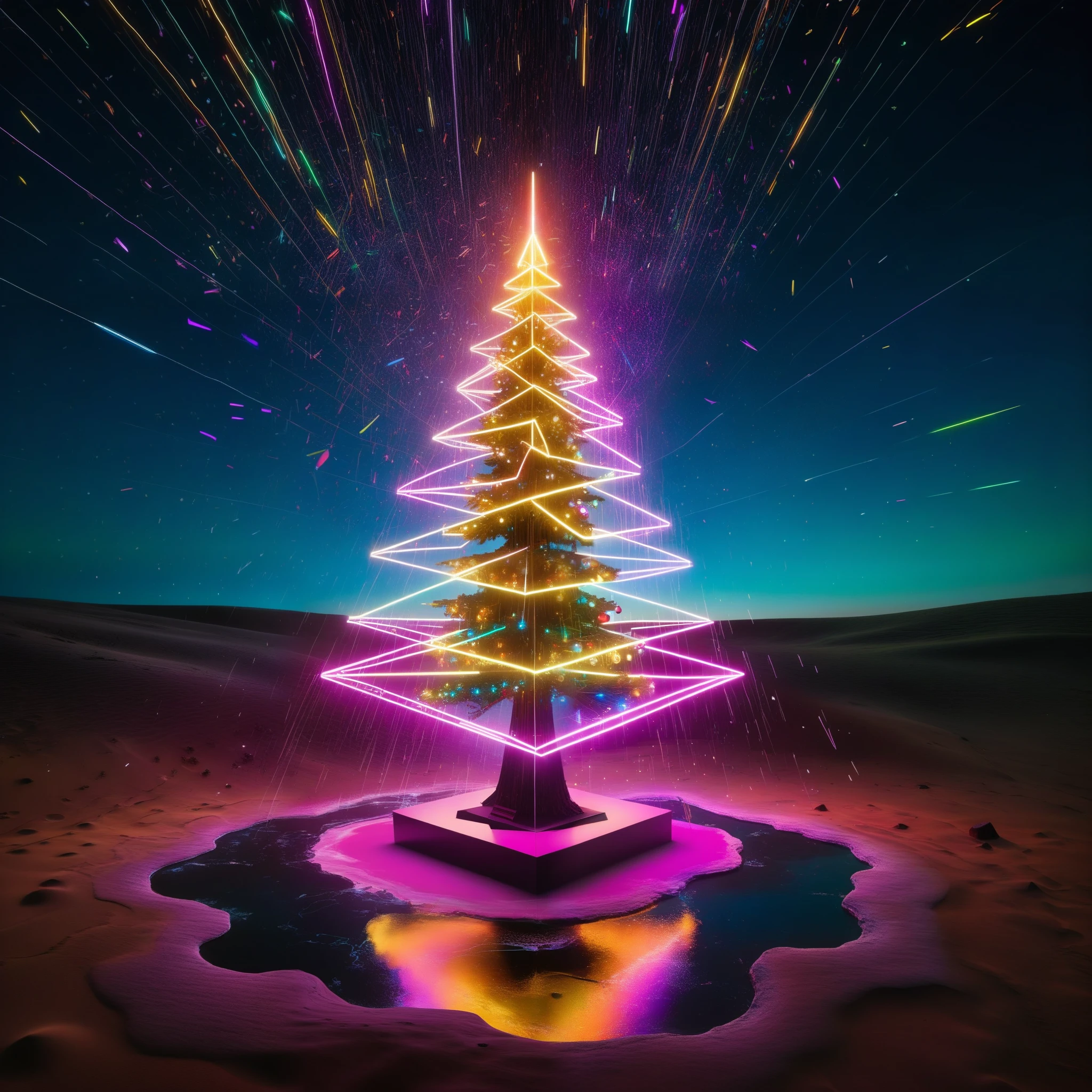 In a vast, Pollock-style splatter-painted landscape, a towering, neon-lit Christmas tree is surrounded by AI-controlled, robotic dreidels that spin and dance to the beat of a dynamic, generative jazz composition.