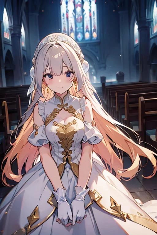 In front of the altar of a majestic church、(blurred background)、brighter light、golden long hair girl、Classic White Wedding Dresses、(elegant luster)、(Lots of races)、lots of ribbons、((voluminous puff sleeves))、long cuffs with many buttons、golden embroidery、long train、white embroidered gloves、five fingers、laughter、Redness of the cheeks