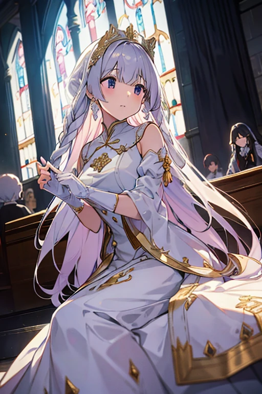 In front of the altar of a majestic church、(blurred background)、brighter light、golden long hair girl、Classic White Wedding Dresses、(elegant luster)、(Lots of races)、lots of ribbons、((voluminous puff sleeves))、long cuffs with many buttons、golden embroidery、long train、white embroidered gloves、five fingers、laughter、Redness of the cheeks