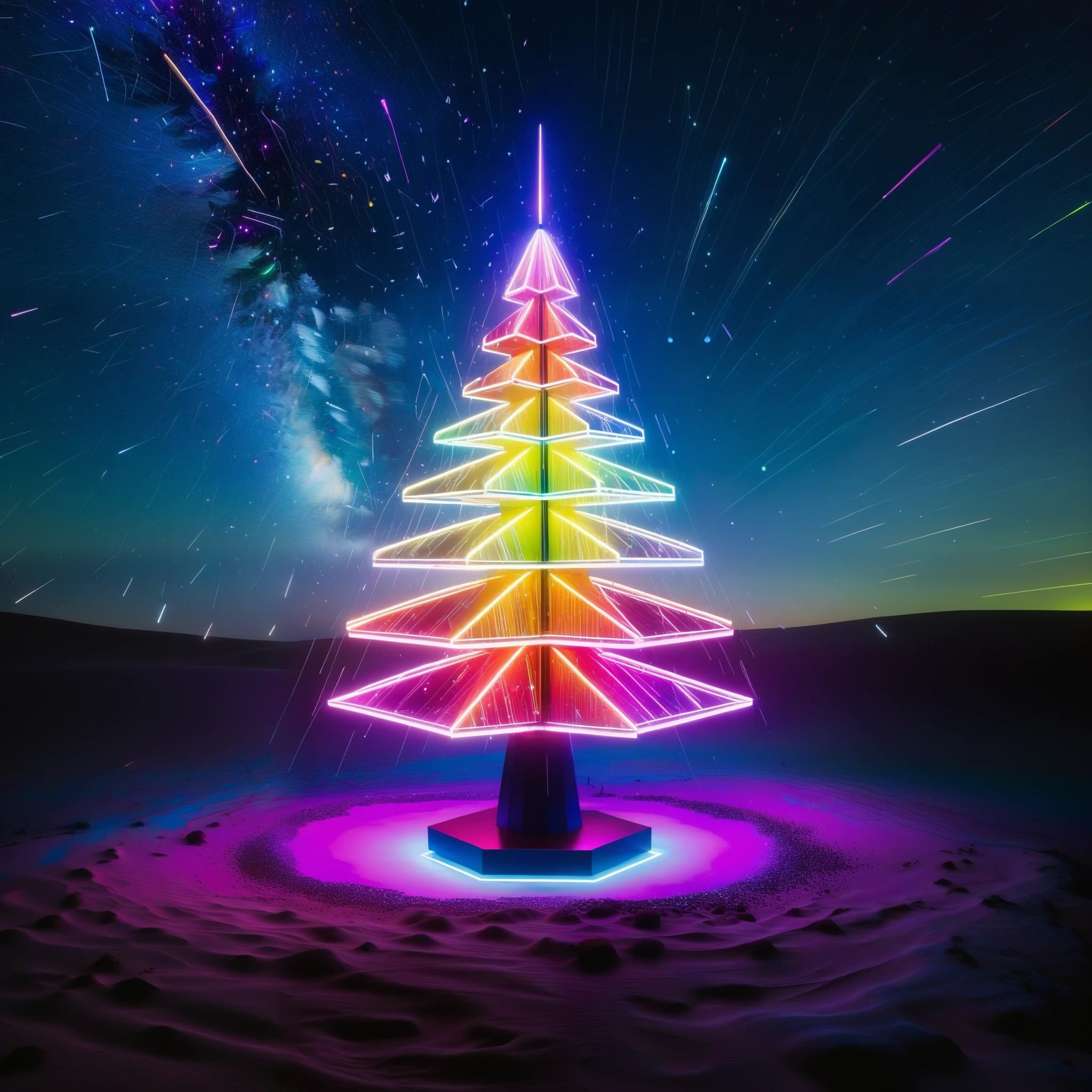 In a vast, Pollock-style splatter-painted landscape, a towering, neon-lit Christmas tree is surrounded by AI-controlled, robotic dreidels that spin and dance to the beat of a dynamic, generative jazz composition.
