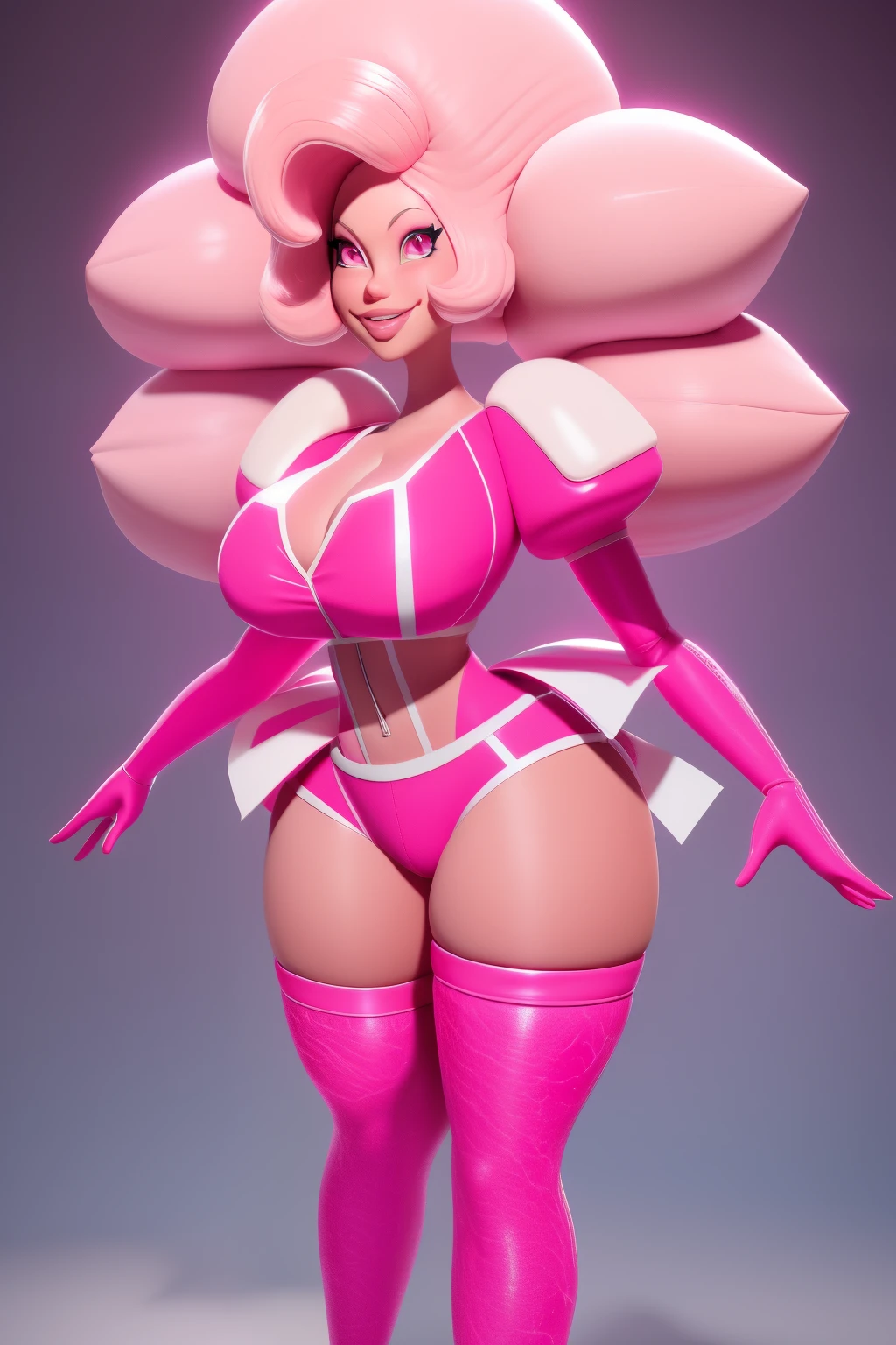 pnkdamond, pink hair, pink eyes, big hair, stomach gem, pink skin, toned,
puffy short sleeves, elbow gloves , white thighhighs, puffy dress,
standing, upper body,
outerspace,
(insanely detailed, beautiful detailed face,beautiful detailed eyes, masterpiece, best quality) cinematic lighting, smile,