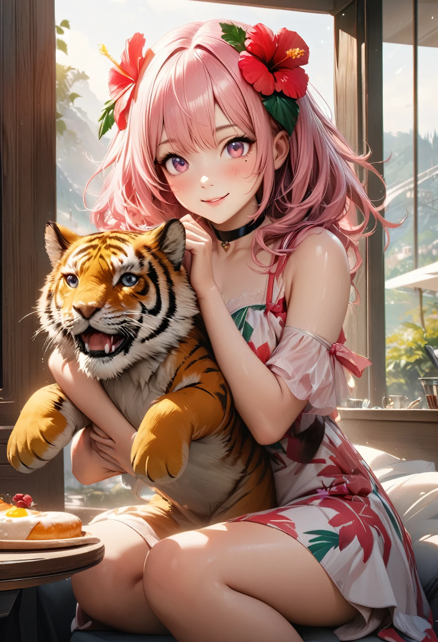 masterpiece, top quality, highly detailed, high resolution, an high resolution, high resolution, 4K, 8k, unity 8k wallpaper, highly detailed cg, masterpiece, realistic, beautiful detail, depth, fine texture, high quality: 1.3 , total concentration, crisp skin, him, very cute anime, cute like an idol, long pink hair, one girl, aloha dress, holding a stuffed tiger, hibiscus hair accessory, smile, morning, Breakfast, long pink hair, full body, mole under eye, line sight, high, blush, lips parted, heart, pink eyes, choker