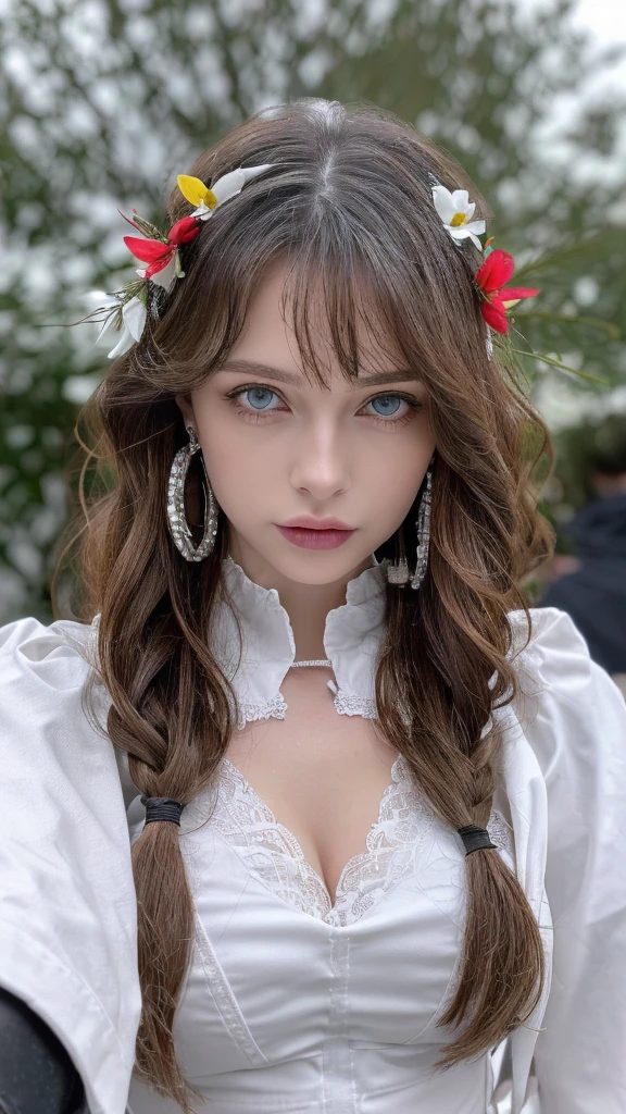 1 miniature Beautiful beautiful woman - Yuan Sayuki, ((top quality, 8K, Masterpiece:1.retty woman, 1 woman, huge breasts:1.3, a slim body:1.1, lush GINGER short hair, (shower, wet body, wet clothes:1.1), very detailed face, detailed lips, detailed eyes, double eyelids, Detailed blue eyes, чрезвычайно Detailed Outstanding Blue Eyes, short GINGER wet hair, GINGER wet hair, Detailed Outstanding Blue Eyes, innocent look at the viewer, very wet wavy white hair, Detailed Outstanding Blue Eyes, huge cross earrings, Outdoors, badges behind, gothic maid uniform, sexy maid dress, bare chest, huge chest tattoo, detailed huge catholic cross earrings, chest tattoo, Outside, wear a silver cross (Detailed cross shape), reality mode, wet breasts, black necklace, human crowd behind, black latex gloves, hair of white snowy colour, night time, red neon lights, demonic nun, nimbus (golden lighting ring above her head), angel, snowy weather, sexy pose, white lingerie, black maid dress, detailed flower wreath made of different colours, open chest