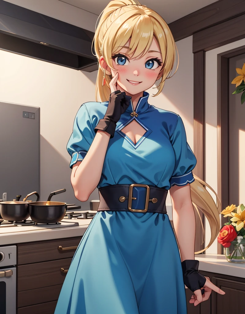 (masterpiece, best quality:1.2), cowboy shot, solo, 1girl, piper, smile, looking at viewer, (hand on own cheek:1.2), blonde hair, ponytail, blue dress, puffy short sleeves, fingerless gloves, kitchen
