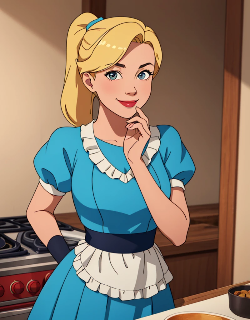 (masterpiece, best quality:1.2), cowboy shot, solo, 1girl, piper, smile, looking at viewer, (hand on own cheek:1.2), blonde hair, ponytail, blue dress, puffy short sleeves, fingerless gloves, kitchen
