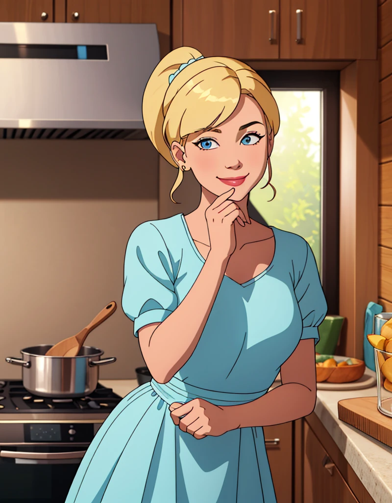 (masterpiece, best quality:1.2), cowboy shot, solo, 1girl, piper, smile, looking at viewer, (hand on own cheek:1.2), blonde hair, ponytail, blue dress, puffy short sleeves, fingerless gloves, kitchen