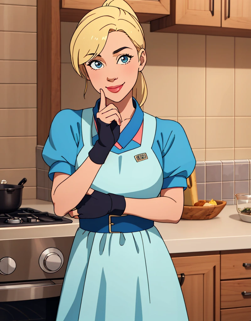 (masterpiece, best quality:1.2), cowboy shot, solo, 1girl, piper, smile, looking at viewer, (hand on own cheek:1.2), blonde hair, ponytail, blue dress, puffy short sleeves, fingerless gloves, kitchen