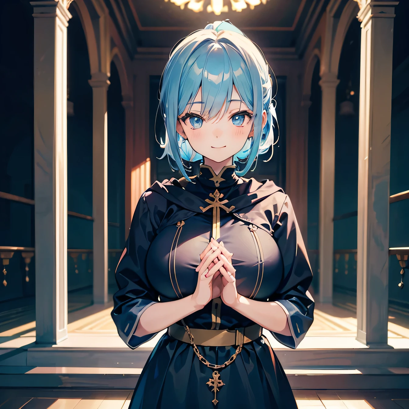 Anime Moe Art Style,highest quality,High resolution,Anatomically correct,One Girl,-teegirl with light blue hair in a ponytail,Super detailed,Sister,Monastic uniform,No hood,Big Breasts,smile,love,praying,Hands clasped together,Eyes drawn in detail,Rosary,Majestic Temple,8K