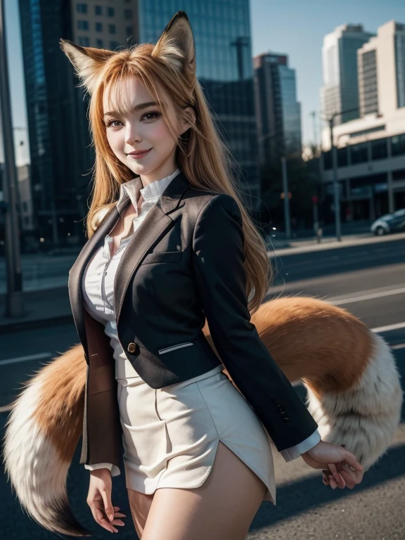 ((highest quality, 32k)), ((masterpiece)), (Get used to it), Perfect Face, Fox Girl, Beautiful woman, public, There is a tail, she has a fox tail, She wags her fluffy tail, smile, collar, She wears a business suit, Beautiful hip line, A tail sticking out from a business suit