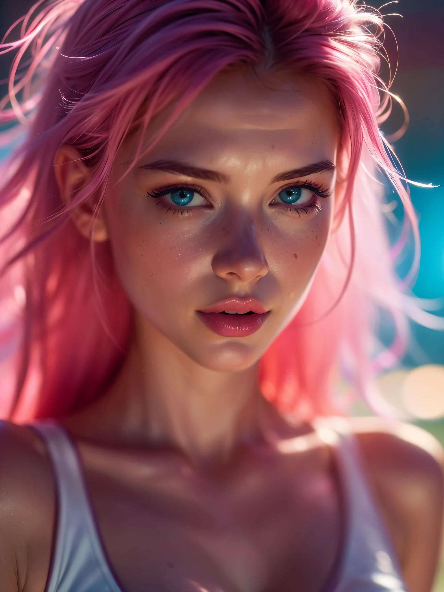 (((ultra realistic))) Photo, masterpiece, top quality, (pale skin), (Ultra detailed face and eyes:1.3), 1 girl, Adult, in a T-shirt, ((Eye makeup, pink mascara)), ((A slight smile)), ((large detailed lips)), ((Pink hair in the wind)), ((Chyolka)) , (Natural breasts), Slim waist. ((Posing)), photoshoot, studio (soft lighting), (The play of light and shadows), depth of field, bokeh, (special attention to skin detail: 1.2), Detailed leather texture, skin pores. (Warm atmosphere of the frame. Color range - purple, Pink, blue tones), UDR, ((Film grain)), ((rays)), (Glare), ((waist up portrait)) , ultra detialed,