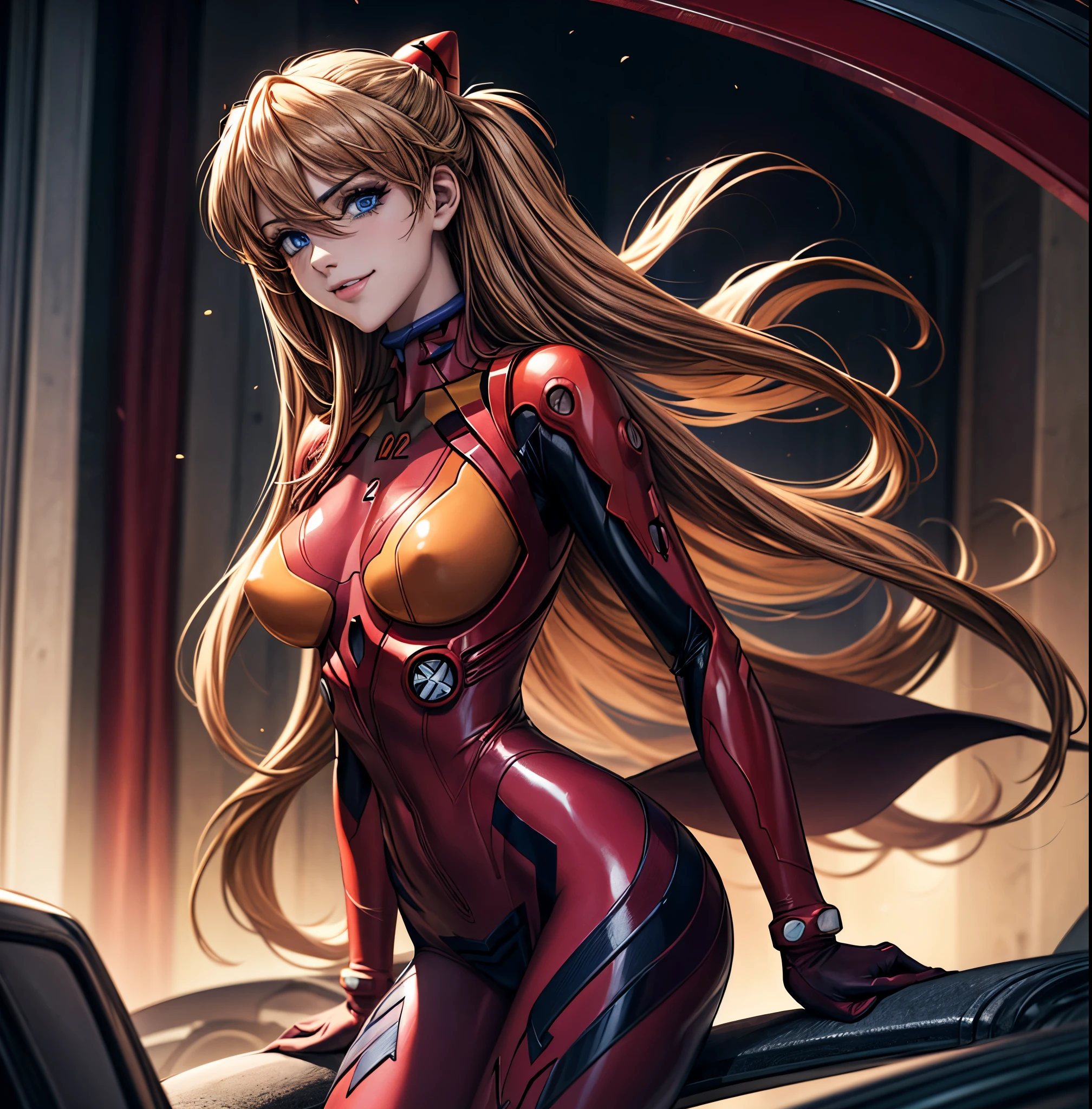 ((Asuka Langley Sohryu)), ((extremely detailed 8k illustration)), high resolution, (extremely detailed and hermoso background), pintura ultra detallada, professional illustration, Ultra-precise representation, Ultra-detailed rendering, (hermoso and aesthetic:1.2), hdr, (profundidad de campo:1.4), vistoso, vivid, hermoso detailed glow light particles, intrincado:1.4, buenas manos, manos perfectas, (mujer), Detalles de la cara:1.2, cara bonita, (Blue eyes), Hermoso rostro, ojos bonitos, ojos brillantes, labios delgados, pale and sharp eyebrows, long eyelashes, Long lower lashes, double eyelids,  ((Asuka de Evangelion)), ((traje eva 02 de latex rojo con fuerte brillo metalico y superficie lisa)), highly detailed hermoso face and eyes, ((sonrisa, mirando lascivamente)), mirar al espectador, evento, (exquisite lighting and shadow), dynamic angle, DSLR, Sharp focus: 1.0, Maximum clarity and sharpness