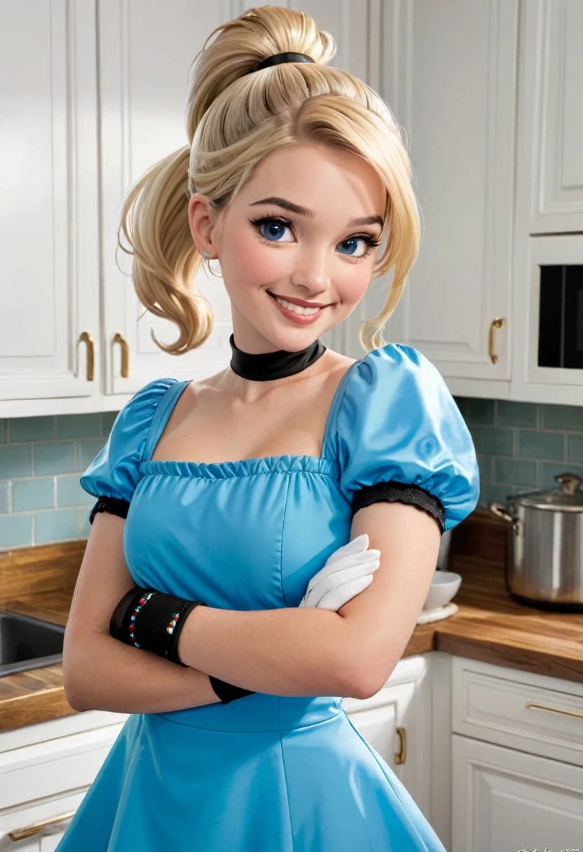 (masterpiece, best quality:1.2), cowboy shot, solo, 1girl, piper, smile, looking at viewer, (hand on own cheek:1.2), blonde hair, ponytail, blue dress, puffy short sleeves, fingerless gloves, kitchen