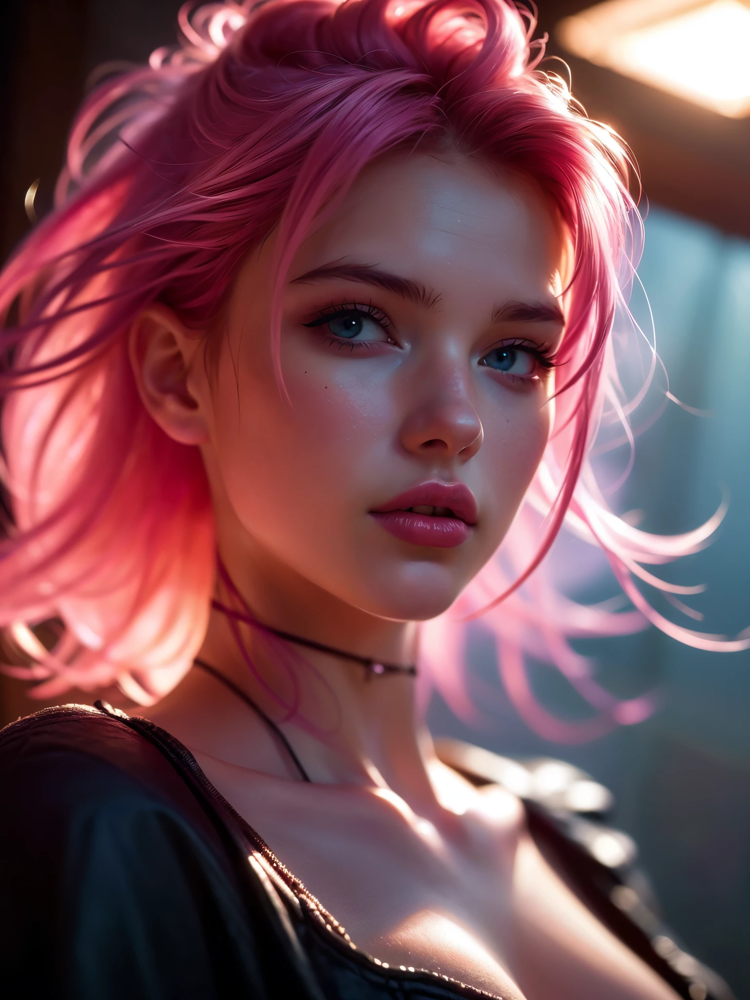 (((ultra realistic))) Photo, masterpiece, top quality, (pale skin), (Ultra detailed face and eyes:1.3), 1 girl, Adult, in a T-shirt, ((Eye makeup, pink mascara)), ((A slight smile)), ((large detailed lips)), ((Pink hair in the wind)), ((Chyolka)) , (Natural breasts), Slim waist. ((Posing)), photoshoot, studio (soft lighting), (The play of light and shadows), depth of field, bokeh, (special attention to skin detail: 1.2), Detailed leather texture, skin pores. (Warm atmosphere of the frame. Color range - purple, Pink, blue tones), UDR, ((Film grain)), ((rays)), (Glare), ((waist up portrait)) , ultra detialed, 