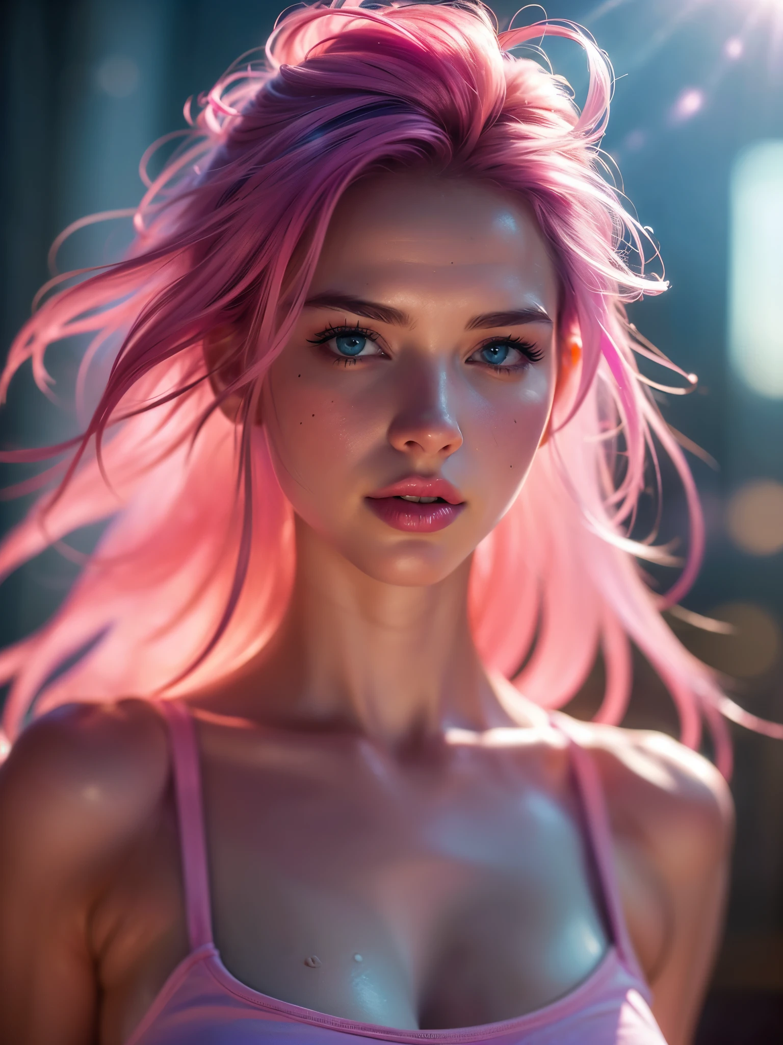 (((ultra realistic))) Photo, masterpiece, top quality, (pale skin), (Ultra detailed face and eyes:1.3), 1 girl, Adult, in a T-shirt, ((Eye makeup, pink mascara)), ((A slight smile)), ((large detailed lips)), ((Pink hair in the wind)), ((Chyolka)) , (Natural breasts), Slim waist. ((Posing)), photoshoot, studio (soft lighting), (The play of light and shadows), depth of field, bokeh, (special attention to skin detail: 1.2), Detailed leather texture, skin pores. (Warm atmosphere of the frame. Color range - purple, Pink, blue tones), UDR, ((Film grain)), ((rays)), (Glare), ((waist up portrait)) , ultra detialed, 