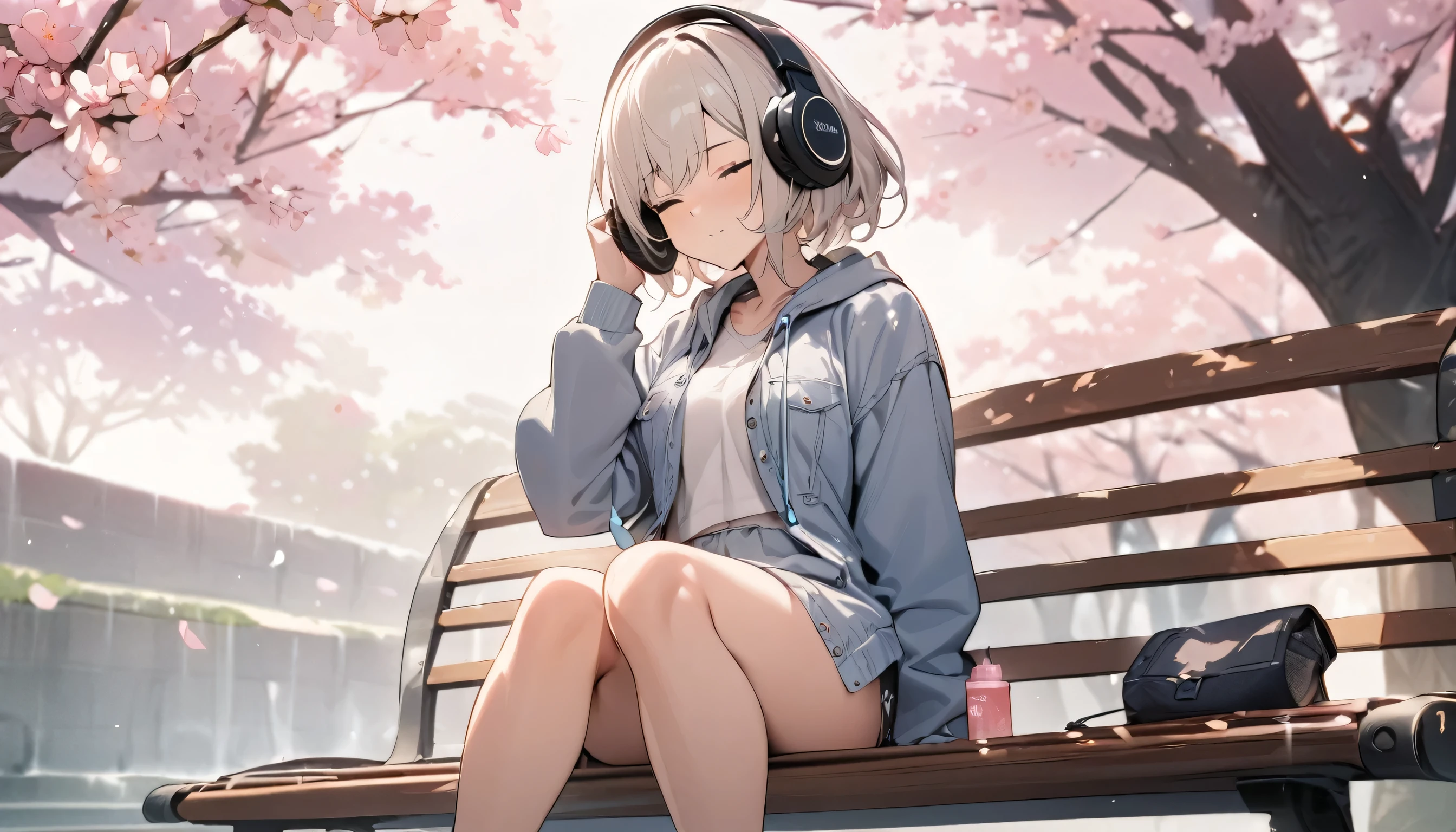 ((best quality)), ((masterpiece)), (detailed), perfect face, sitting under the cherry blossom tree, listening to music, One woman, wearing headphones, eyes closed, wearing underwear, underwear is transparent, sitting on a bench, sitting with legs apart