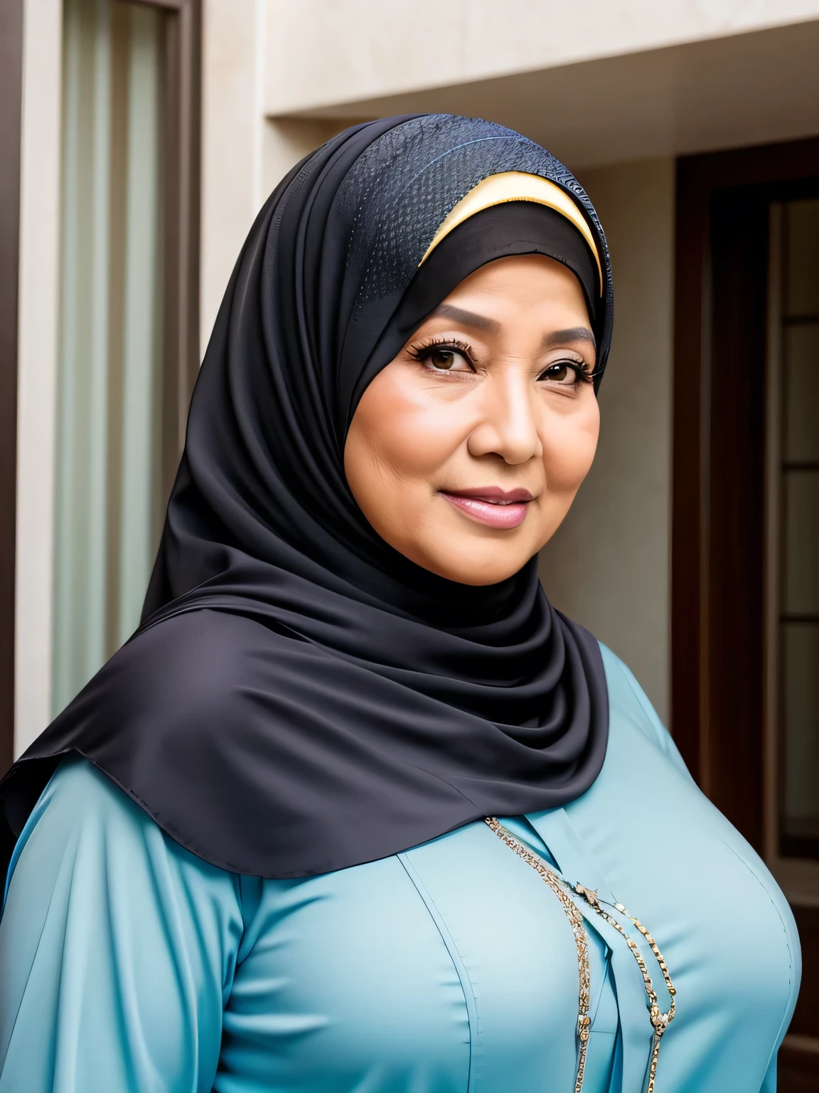 (Realistic) ((Hijab)) (real mature face) (old beauty) 68 Years old fat Brunei mature woman, sexy curvy, (sexy chubby body shape), Big : 34.9, soft smile, facing at camera, half body - professional photography with excellent lighting