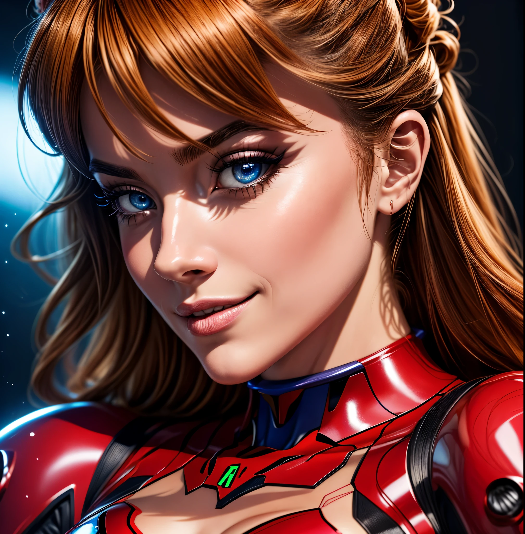 ((Asuka Langley Sohryu)), ((extremely detailed 8k illustration)), high resolution, (extremely detailed and hermoso background), pintura ultra detallada, professional illustration, Ultra-precise representation, Ultra-detailed rendering, (hermoso and aesthetic:1.2), hdr, (profundidad de campo:1.4), vistoso, vivid, hermoso detailed glow light particles, intrincado:1.4, buenas manos, manos perfectas, (mujer), Detalles de la cara:1.2, cara bonita, (Blue eyes), Hermoso rostro, ojos bonitos, ojos brillantes, labios delgados, pale and sharp eyebrows, long eyelashes, Long lower lashes, double eyelids, ((Asuka de Evangelion)), ((traje completo enchufable 02 de latex rojo con fuerte brillo metalico y superficie lisa)), highly detailed hermoso face and eyes, ((sonrisa, mirando lascivamente)), mirar al espectador, evento, (exquisite lighting and shadow), dynamic angle, DSLR, Sharp focus: 1.0, Maximum clarity and sharpness