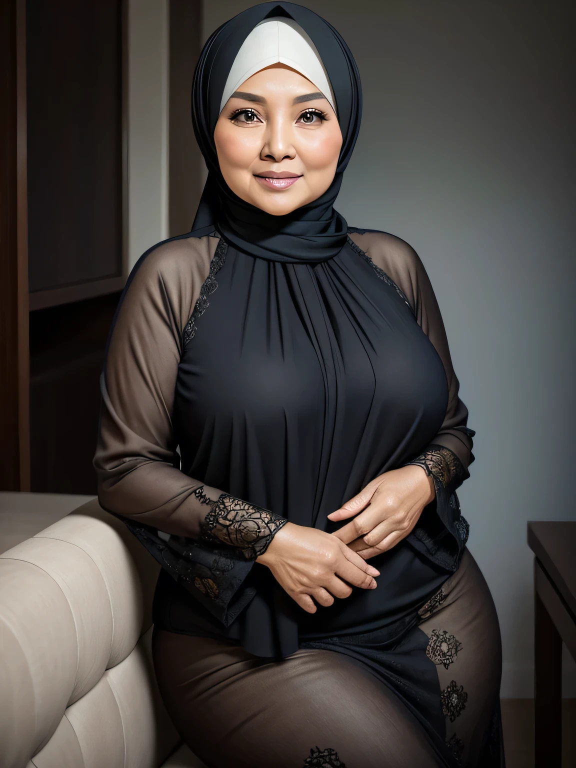 (Realistic) ((Hijab)) (real mature face) (old beauty) 68 Years old fat Brunei mature woman, sexy curvy, (sexy chubby body shape), Big : 34.9, soft smile, facing at camera, half body - professional photography with excellent lighting