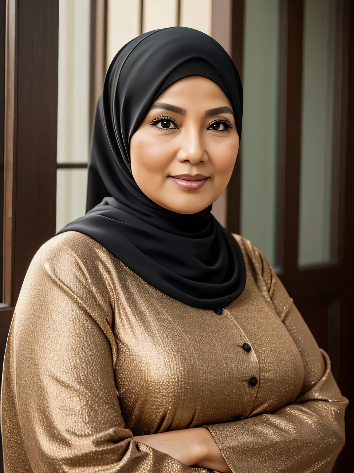 (Realistic) ((Sexy Hijab)) (real mature face) (old beauty) 68 Years old fat Brunei mature woman, sexy curvy, (sexy chubby body shape), Big : 34.9, soft smile, facing at camera, half body - professional photography with excellent lighting