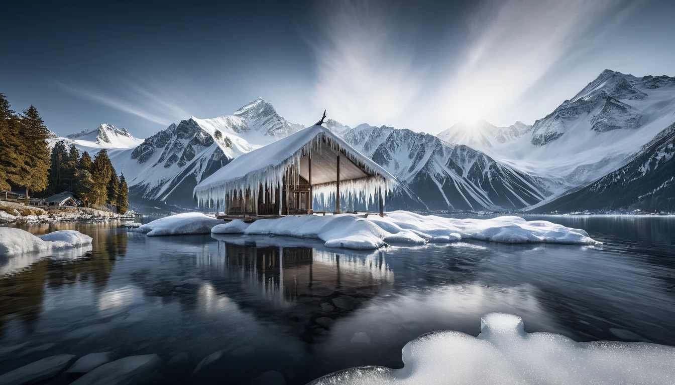 Black and White Landscape Photography,National Geographic award-winning works,8k,George Digarakis，Vista of snow-capped mountains，Pavilion in the lake，Close-up of icicles，（RAW photos，Best quality），（reality，照片reality感：1.3），masterpiece，Extremely exquisite and beautiful，high resolution，Original，Perfect lighting，（Extremely detailed CG：1.2），Unite，2k wallpaper，Amazing，Fine details