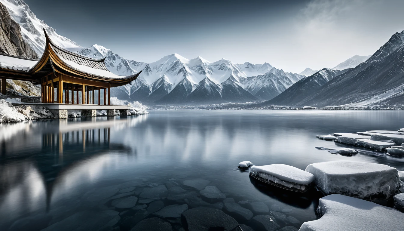 Black and White Landscape Photography,National Geographic award-winning works,8k,George Digarakis,Vista of snow-capped mountains,Pavilion in the lake,Close-up of icicles,(RAW photos,Best quality),(reality,照片reality感:1.3),masterpiece,Extremely exquisite and beautiful,high resolution,Original,Perfect lighting,(Extremely detailed CG:1.2),Unite,2k wallpaper,Amazing,Fine details