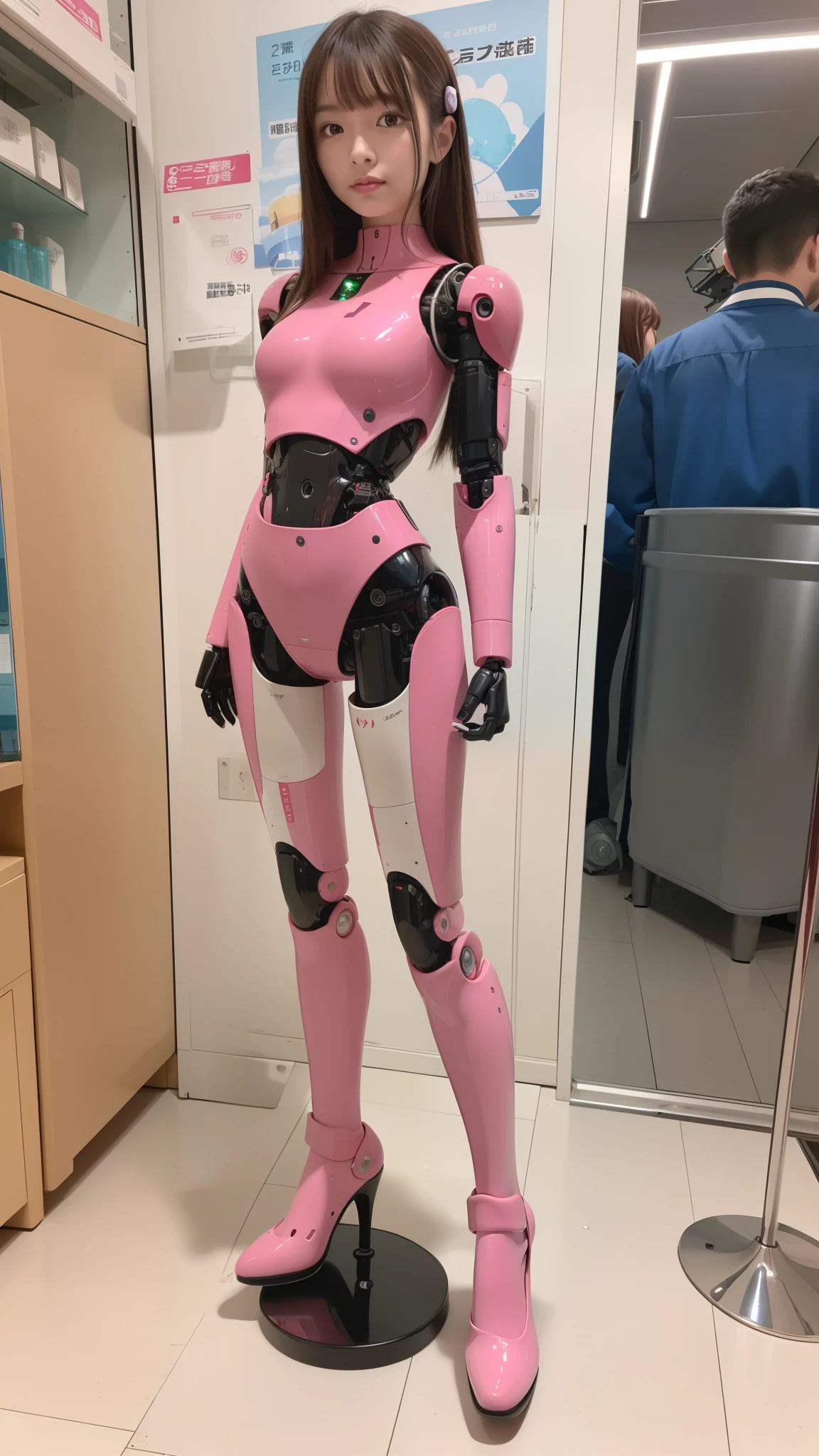 masterpiece, best quality, extremely detailed, (8K, 4K, Best Quality, Hight resolution, 超A high resolution:1.1), 8K portrait,1girl in, Japanese android girl, android teacher, control panels, android, Droid, Mechanical Hand, ,Robot arms and legs, Black hair, Mechanical body, Blunt bangs, Pink Robotics Parts, perfect robot woman, Charging spot, Long Tube, A thick cable was connected to her neck, ceramic body , android, robot humanoid, panty, full eyes, perfect mechanical body, pink robotics body, future assembly plant, Pink body, She has repaired, lack sponge joints, android assembly plant, android, laboratory, platform boots, perfect machine body, pink robot body