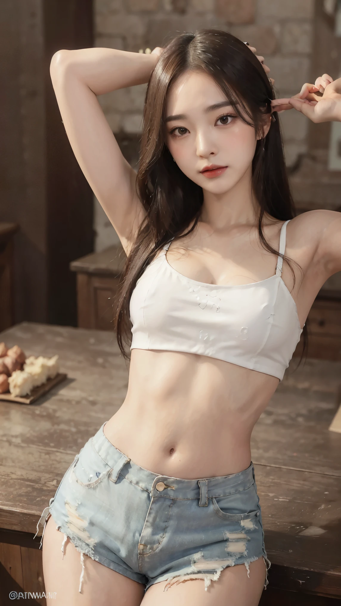 (real, High resolution:1.3)、((High Reality, 8k, masterpiece: 1.3)), ((Very detailed)),(Realistic:1.2),8k,(High resolution),(Depth of written boundary:1.2),(Depth of written boundary:1.3), (highest quality:1.0), (Very detailed CG 8k 壁紙), (超A high resolution:1.0),concentrated: 1.2, Perfect body beauty: 1.4, Hips: 1.2, (Layered Haircut: 1.2)), (Dark Street: 1.3), Very detailed顔と肌の質感, whole body, Delicate eyes, double eyelid, White skin, Long Hair, (Round face: 1.5), (loose crop top, Shorts: 1.6)、(Very delicate and beautiful), (Tabletop), Beautiful lighting ,Perfect Lightning, real影,Detailed skin, Very detailed (((colorful))),(Amazing photos of beautiful Japanese women),(Character Focus),Perfect Anatomy,(Professional Lighting),
(One Girl),(young),(Raise your arms),
View your viewers,(walking),
((Beautiful fine details)),(thin顔:1.2),Thick eyebrows,(Drooping eyebrows),((Glasses))、(We say:1.2),(Blue Eyeshadow),Big eyes,(Brown eyes:1.3),((Big Breasts))、(smile),blush,(非常にDetailed skin),
(Lips parted:1.1),(Fuller lips:1.2),(Glossy Lips),(lipstick)、Braiding,(black medium hair),(Bring your hair back),((Wide forehead)),(thin:1.2),
(Ideal body proportions:1.1),(Tall body:1.2),Attractive thighs,Attractive waist circumference,
(Flat Chest:1.35), ( Visible through clothing),(Muscular:1.25),(Skin-tight clothing:1.3),
(ハイカットデニムShorts:1.4),(White tube top:1.3),