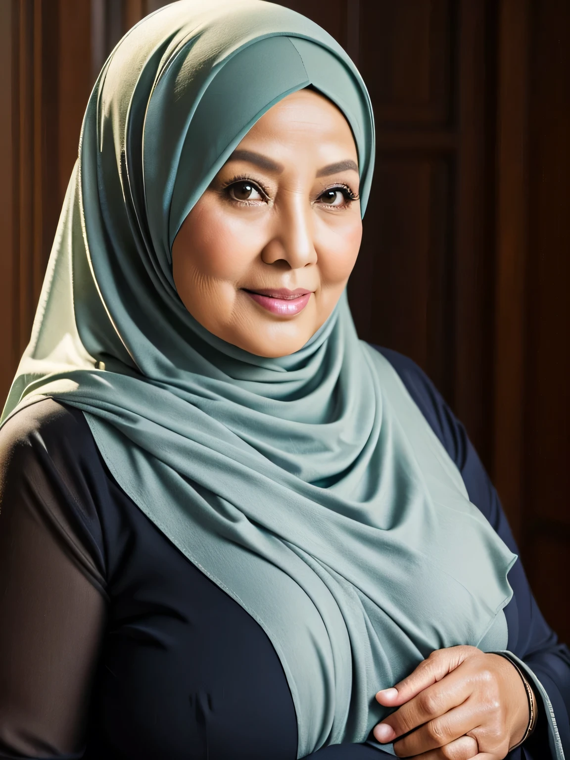 (Realistic) ((Sexy Hijab)) (real mature face) (old beauty) 68 Years old fat Brunei mature woman, sexy curvy, (sexy chubby body shape), Big : 34.9, soft smile, facing at camera, half body - professional photography with excellent lighting