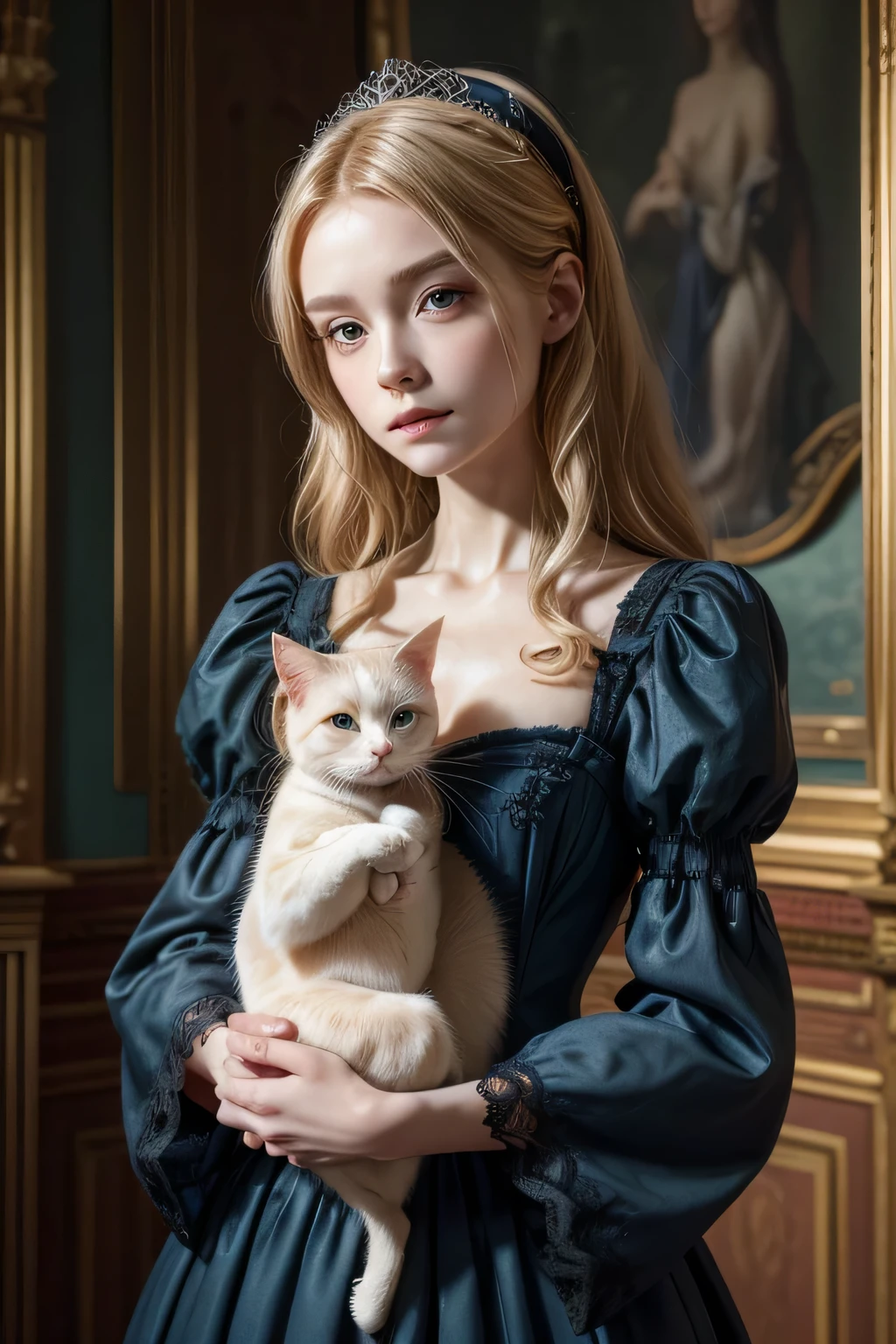 (flat_chest). 8  standing beautiful nordic German young!!! extremely skinny!!! boney!!!!!!!!!! girl with blonde!! wavy!!!, curly!!! hair. (very detailed beautiful face!!!), (she wears an elegant beautiful very detailed dark_blue!!! royal 1500s dress with black lace), beautiful, dress has long wide foldy sleeves, sensitive soft expression, slightly smiling, pale!!!! skin,  leonardo da vinci style painting background, (she is holding a cat!!!!!), (she looks at the cat!!!!), 1500s style, 1500s fashion, royal fashion