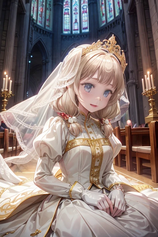 In front of the altar of a majestic church、（blurred background）、brighter light、golden long hair girl、Classic White Wedding Dresses、（elegant luster）、（Lots of races）、lots of ribbons、((voluminous puff sleeves))、long cuffs with many buttons、golden embroidery、long train、white embroidered gloves、five fingers、laughter、Redness of the cheeks
