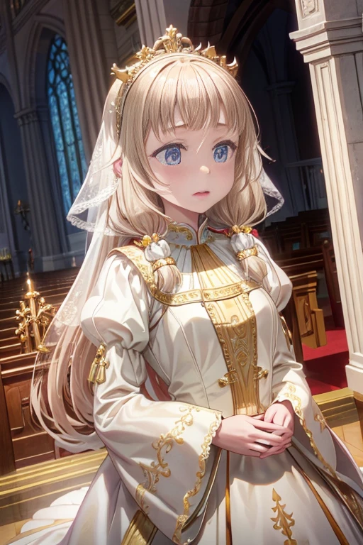 In front of the altar of a majestic church、(blurred background)、brighter light、golden long hair girl、Classic White Wedding Dresses、(elegant luster)、(Lots of races)、lots of ribbons、((voluminous puff sleeves))、long cuffs with many buttons、golden embroidery、long train、white embroidered gloves、five fingers、laughter、Redness of the cheeks