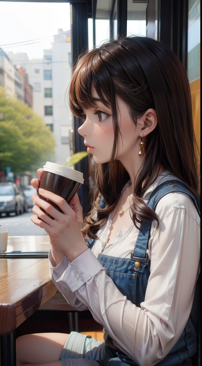Beautiful woman drinking coffee in a cafe、Second Dimension