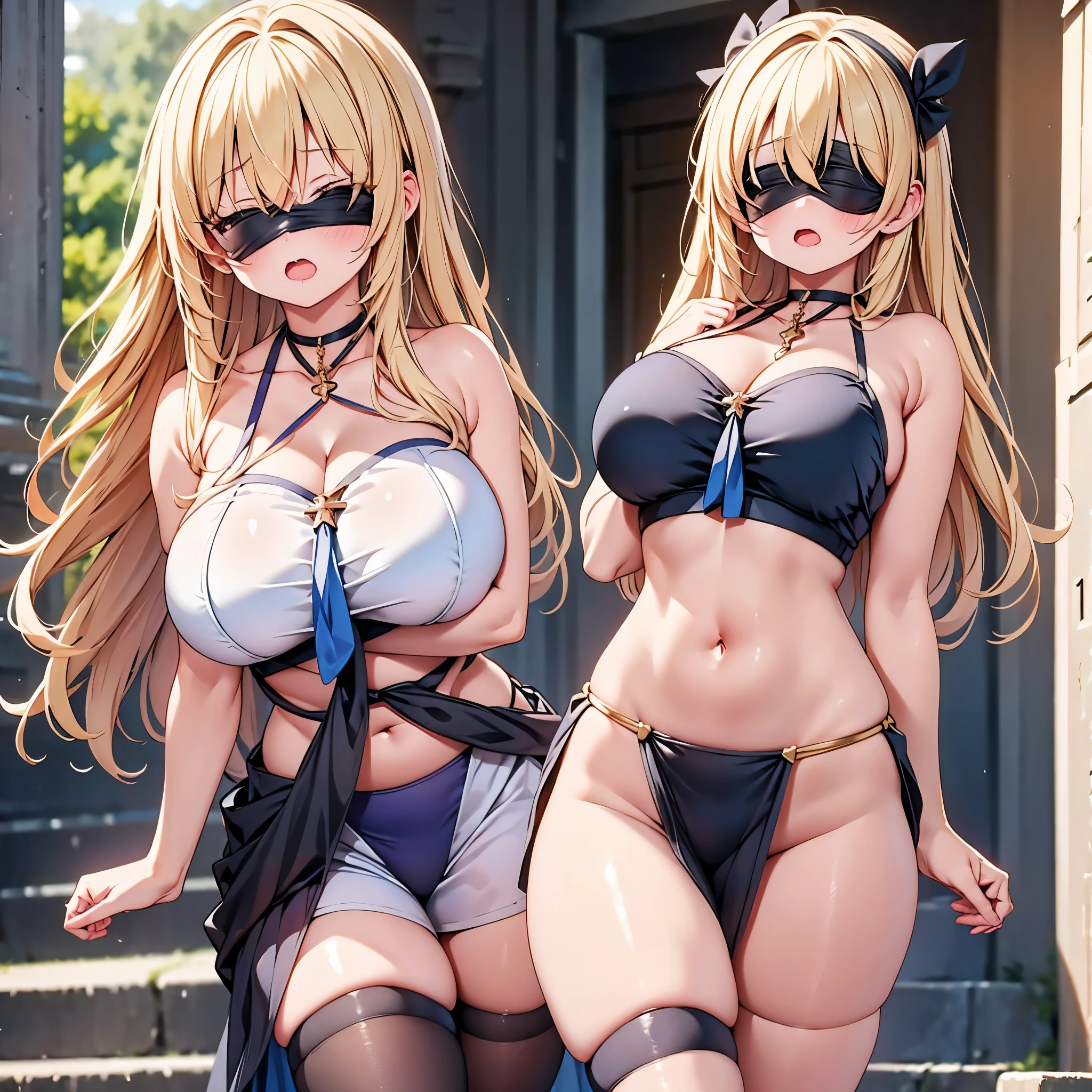 highest quality,wonderful,finely,extremely detailed CG Unity 8K wallpaper, (Stand in line:1.2), (3 girls, blonde, clothed), (huge breasts:1.2), (cleavage cutout:1.1), (crop top navel:1.1), (open mouth:1.1), (long tongue:1.1), (mouth drool:1.1), (black stockings:1.1),(Thighs:1.2),(Waistline:1.2),(black blindfold, blindfold:1.5)