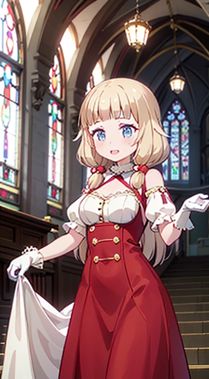 In front of the altar of a majestic church、（blurred background）、brighter light、golden long hair girl、Classic White Wedding Dresses、（elegant luster）、（Lots of races）、lots of ribbons、((voluminous puff sleeves))、long cuffs with many buttons、golden embroidery、long train、white embroidered gloves、five fingers、laughter、Redness of the cheeks
