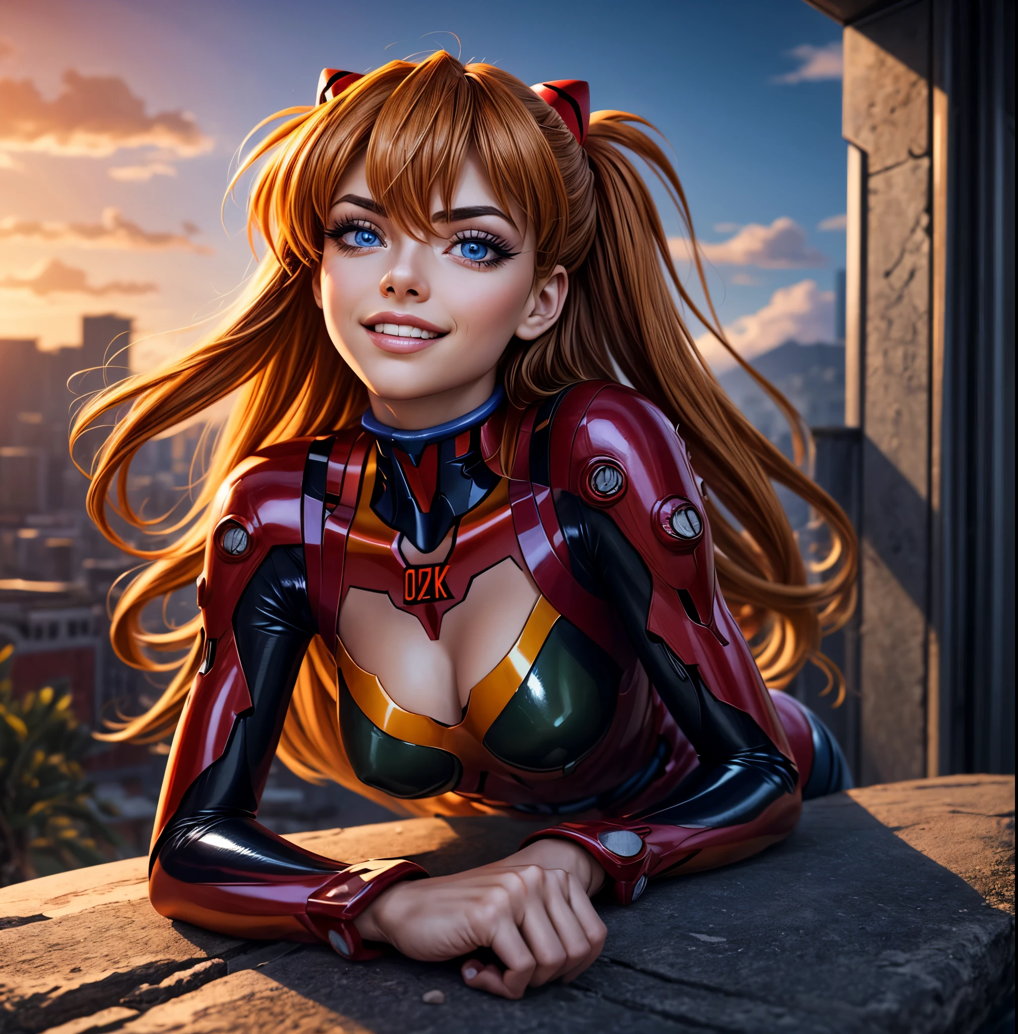 ((Asuka Langley Sohryu)), ((extremely detailed 8k illustration)), high resolution, (extremely detailed and hermoso background), pintura ultra detallada, professional illustration, Ultra-precise representation, Ultra-detailed rendering, (hermoso and aesthetic:1.2), hdr, (profundidad de campo:1.4), vistoso, vivid, hermoso detailed glow light particles, intrincado:1.4, buenas manos, manos perfectas, (mujer), Detalles de la cara:1.2, cara bonita, (Blue eyes), Hermoso rostro, ojos bonitos, ojos brillantes, labios delgados, pale and sharp eyebrows, long eyelashes, Long lower lashes, double eyelids,  ((Asuka de Evangelion)), ((traje completo enchufable 02 de latex rojo con fuerte brillo metalico y superficie lisa)), highly detailed hermoso face and eyes, ((sonrisa, mirando lascivamente)), mirar al espectador, evento, (exquisite lighting and shadow), dynamic angle, DSLR, Sharp focus: 1.0, Maximum clarity and sharpness