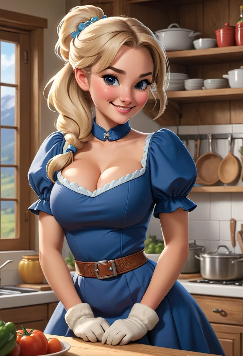 (masterpiece, best quality:1.2), cowboy shot, solo, 1girl, piper, smile, looking at viewer, (hand on own cheek:1.2), blonde hair, ponytail, blue dress, puffy short sleeves, fingerless gloves, kitchen, big breasts, ultra-thin-waist, ultra-wide-hips.
