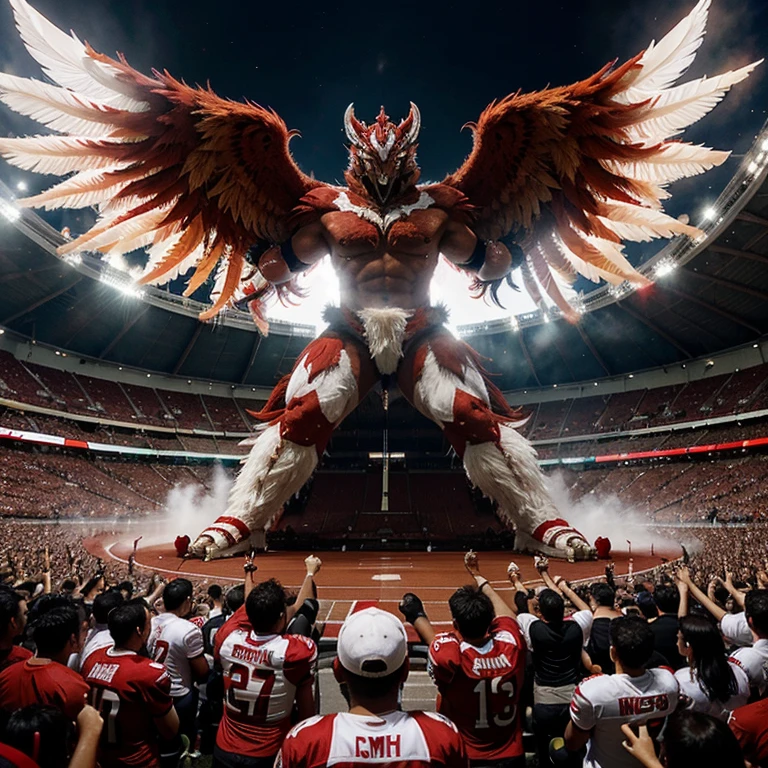 The Red and White Garuda with high fighting spirit fought against a giant monster in a football stadium full of cheering spectators, symbolizing the struggle of a small team against a strong team.