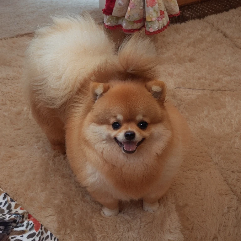 Araffe dog standing on the floor with his head held high, and pastel by Maksimilijan Vanka, flickr, sosaku made, Pomeranian, fluffy, Pomeranian mix, fluffy orange belly, small dog, cuddly dog”, happy wise man. He has a bouncy belly, fluffy!!! , smiling cheerfully at the camera,