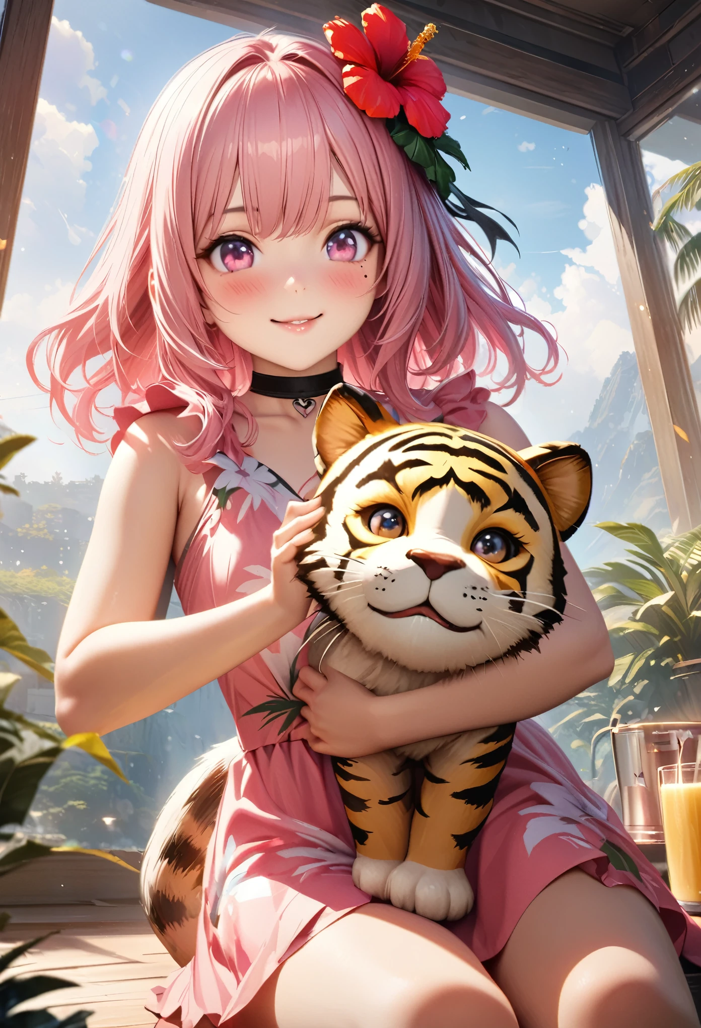 masterpiece, top quality, highly detailed, high resolution, an high resolution, high resolution, 4K, 8k, unity 8k wallpaper, highly detailed cg, masterpiece, realistic, beautiful detail, depth, fine texture, high quality: 1.3 , total concentration, crisp skin, him, very cute anime, cute like an idol, long pink hair, one girl, aloha dress, holding a stuffed tiger, hibiscus hair accessory, smile, morning, Breakfast, long pink hair, full body, mole under eye, line sight, high, blush, lips parted, heart, pink eyes, choker