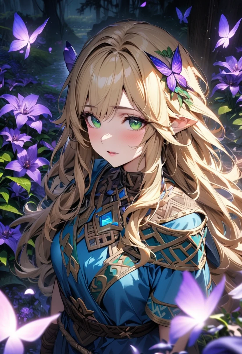 absurdres, highres, ultra detailed, HDR, master piece, best quality, extremely detailed face and eyes, perfect face, Zelda, blond long hair, expressive green eyes, The legend of zelda breath of the wild, solo, woman, extremely beautiful, pretty, blue clothes, purple shining butterflies, purple lilies, purple petals, garden