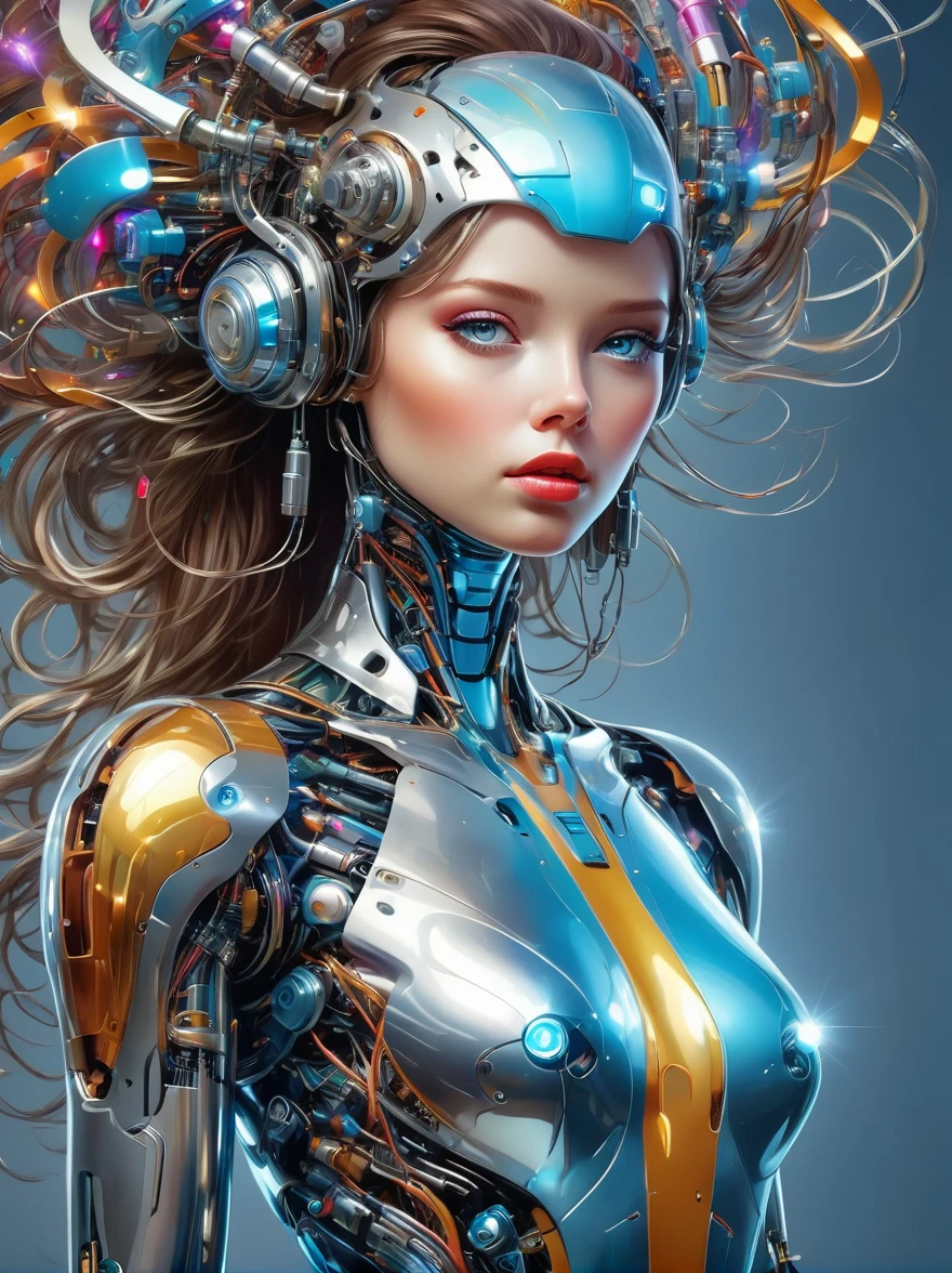 a image of a woman wearing colorful robot tech, in the style of free-flowing surrealism, shiny, glossy, precise and lifelike, hard surface modeling, precisionist lines, light silver and azure, engineering, construction and design, whole body, from head to foot, Metallic high heels, Laser light stockings, Pop art, Realism, Tonalism, Verism, film grain, sparkle, Wide-Angle, cowboy shot, UHD, masterpiece, ccurate, anatomically correct, textured skin, award winning, best quality, 8k