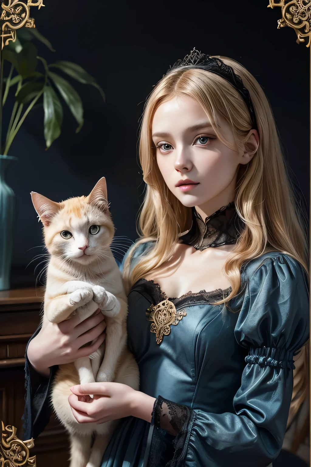 (flat_chest). 8 standing beautiful nordic German young!!! extremely skinny!!! boney!!!!!!!!!! girl with blonde!! wavy!!!, curly!!! hair. (very detailed beautiful face!!!), (she wears an elegant beautiful very detailed dark_blue!!! royal 1500s dress with black lace), beautiful, dress has long wide foldy sleeves, sensitive soft expression, slightly smiling, pale!!!! skin, leonardo da vinci style painting background, (she is holding a cat!!!!!), (she looks at the cat!!!!), 1500s style, 1500s fashion, royal fashion