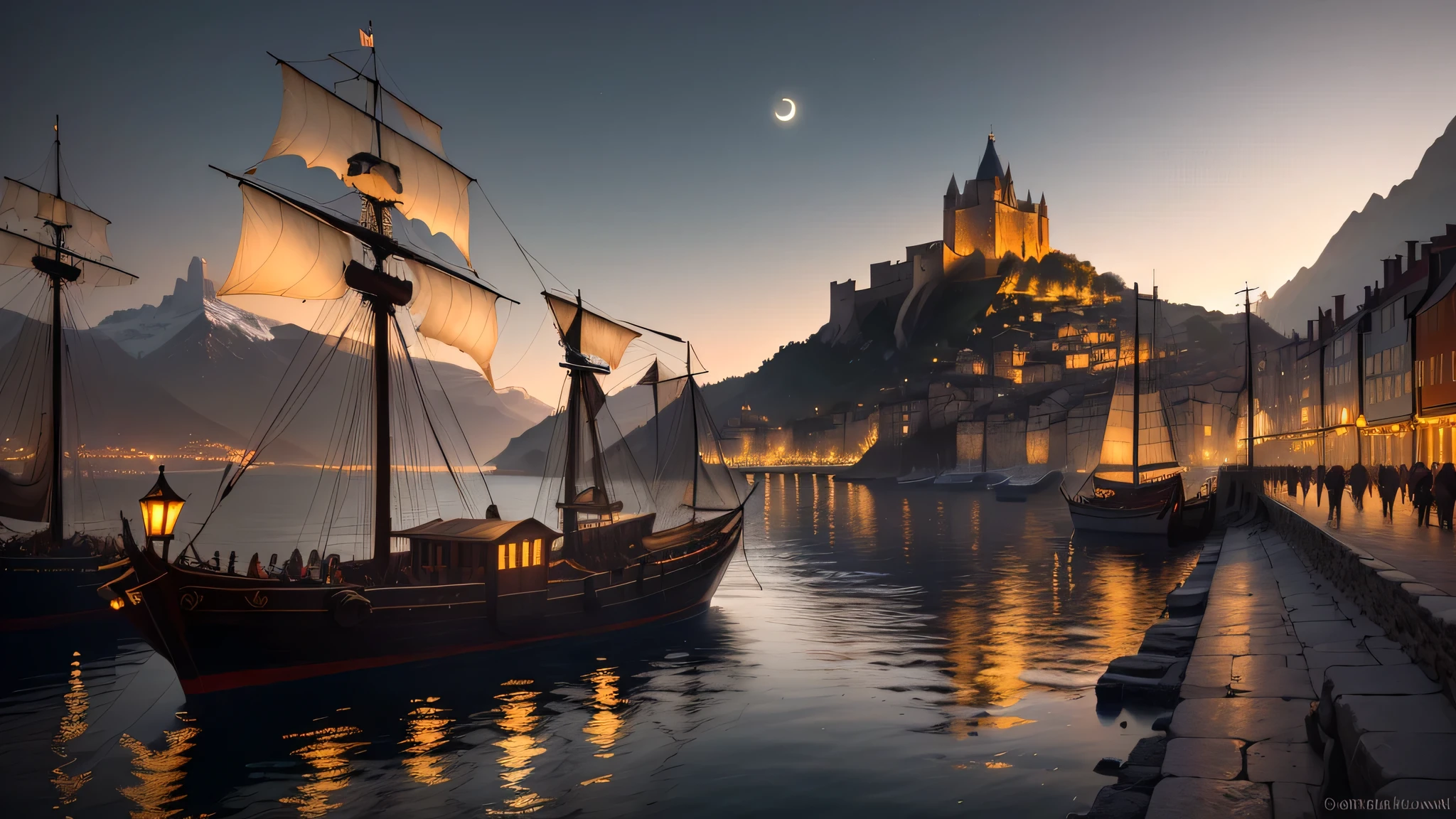 In the heart of a medieval town, a bustling port teems with activity. Caravels, their sails taut against the brisk sea breeze, jostle for position at the stone pier. The wet stones glisten under the cinematic lighting, each one reflecting the dramatic play of light and shadow. The atmosphere is discreet yet full of intrigue, as the volumetric lighting dances upon the water, creating a sense of depth and mystery. A backdrop of a towering mountain looms in the distance, its peak crowned by a giant silver moon in the sky, casting an ethereal glow over the scene. The port's serene beauty is a stark contrast to the tension that
