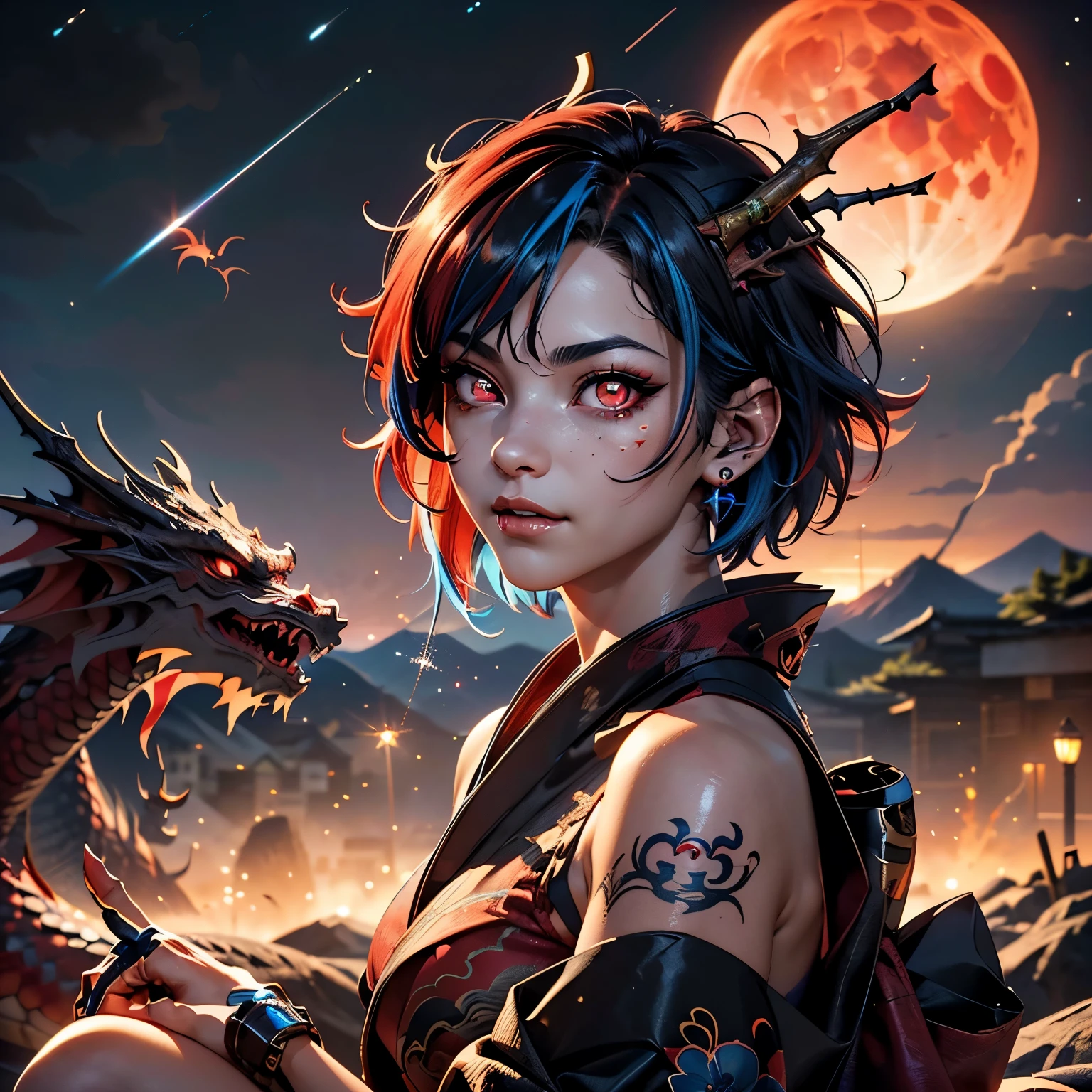 An 18 year old girl, wearing kimono, bare shoulder, sitting, looking at the Full Moon, red moon clouds, stars, point of view, dynamic angle:1.4, (((big dragon in the background, beautiful background:1.3))), girl beautiful with red lips, smile:1.3, smoky makeup, Piercing, ear piercing, ((red eyes:1.5, sparkling eyes, detailed eyes:1.4)), (Messy short hair, highlighted hair, black hair, red hair, blue hair, hair color:1.4), (Body covered in tattoo, image with skin glow, high detail), Ray tracing, motion lines, masterpiece:1.37, best quality, 8k, Ultra HD, high resolution, high details, cinematic lighting, hyperrealism, textured skin, anatomically correct, Unity 8K CG wallpaper, highly detailed:1.1, noise removal resistance:1.45