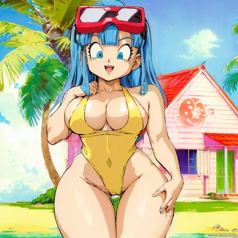 Casa anime con una mujer en bikini y gafas., Bulma de Dragon Ball, bikini amarillo de latex ajustado wetlook, estilo anime ecchi, anime hi-fructose, anime sombreado cel, in the art style of 80s anime, estilo de arte anime de los 90, en estilo anime, por Akira Toriyama, 80s anime art style, chica saiyajin, chica anime seductora