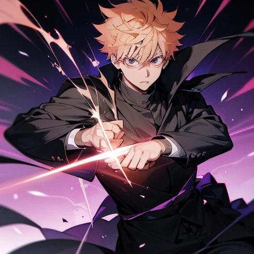 Imagine a student at the Jujutsu Kaisen Spell Technical College, ready to take action against a curse. He's in the middle of an intense battle, in a dark and gloomy urban setting. His name is Yuji Itadori. He is a tall and athletic young man, com cabelos pretos espetados e olhos determinados. Dressed in the , ele exibe uma jaqueta preta com detalhes vermelhos e brancos, symbol of his affiliation as a sorcerer. In your right hand, he wields the cursed finger Sukuna, a powerful object that he uses to face curses. Your posture is agile and aggressive, reflecting your skill and determination in battle. Ao seu redor, we see wreckage of buildings and overturned cars, showing the traces of the fierce battle that is taking place. An aura of mystical energy surrounds Yuji, indicating his mastery over the magical arts. He is ready to fight to the end to protect the innocent and maintain balance between the world of humans and curses..