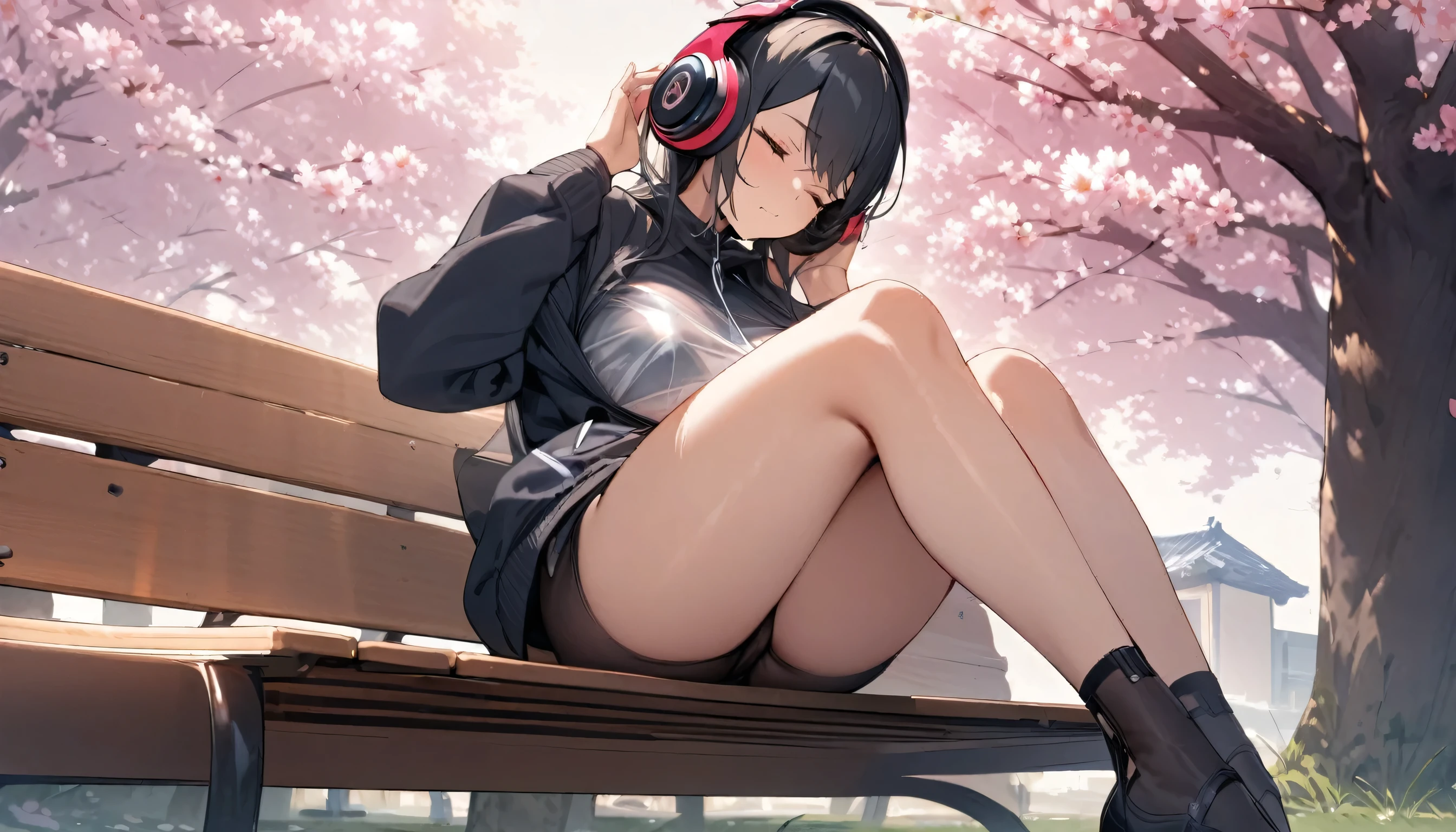 ((best quality)), ((masterpiece)), (detailed), perfect face, sitting under the cherry blossom tree, listening to music, One woman, wearing headphones, eyes closed, wearing underwear, underwear is transparent, sitting on a bench, sitting with legs apart, Wear tight clothes