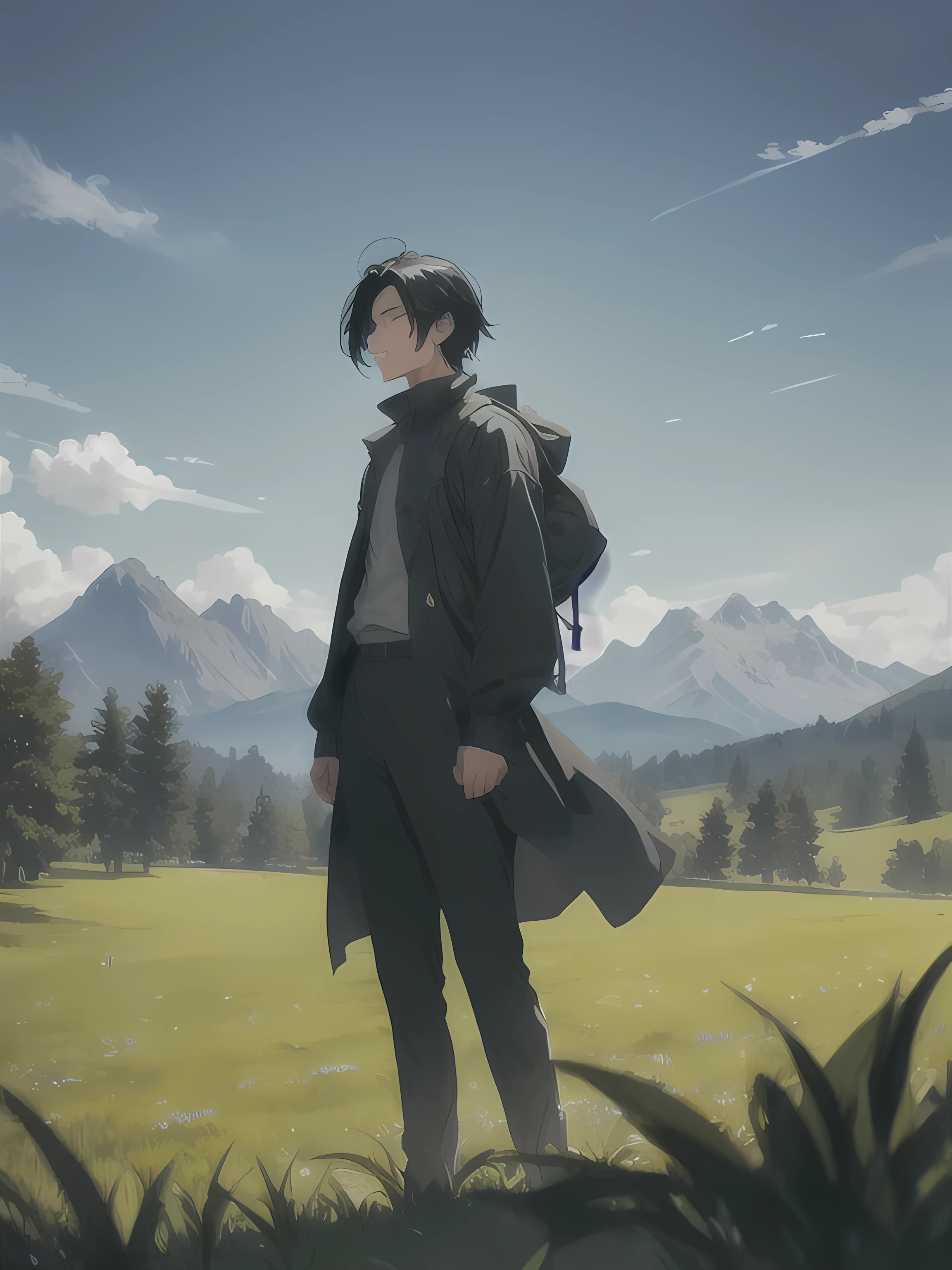 In a lush meadow, a man with black hair stands alone, his gaze fixed on the night sky, his expression blank as his clothes billow in the wind.
BREAK
Silently, he stands, a solitary figure amidst the vastness.
BREAK
Behind him, a verdant forest spreads, while in the distance, majestic mountains loom.
BREAK
The most suitable effect for this scene would be a watercolor painting technique to capture the softness of the meadow and the fluidity of the movement.
