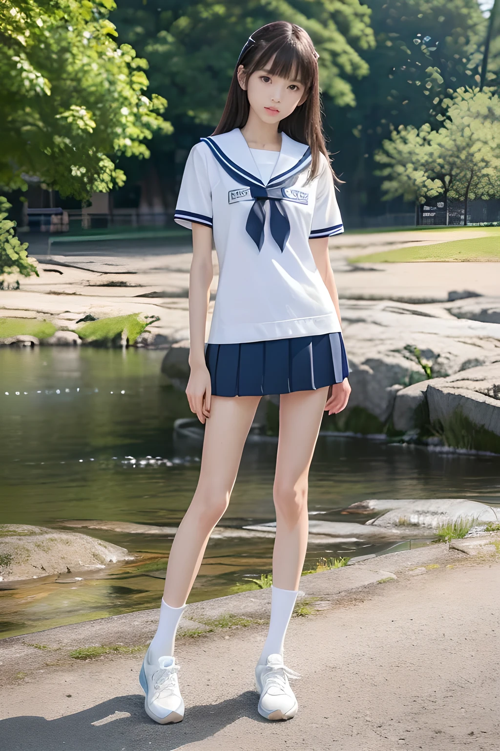 (In 8K、RAW Photos、highest quality、masterpiece:1.2), (Realistic、Photorealistic:1.3), Ultra-detailed, High resolution skin, One Girl, Iris, Japanese, (Beautiful feet:1.2), (Slender girl:1.3), Beautiful girl, (Thin legs:1.4), 13 years old,mini skirt,sailor suit,( White socks:1.2), (Short sleeve:1.1), (sneakers:1.1), whole body, (Are standing:1.2)