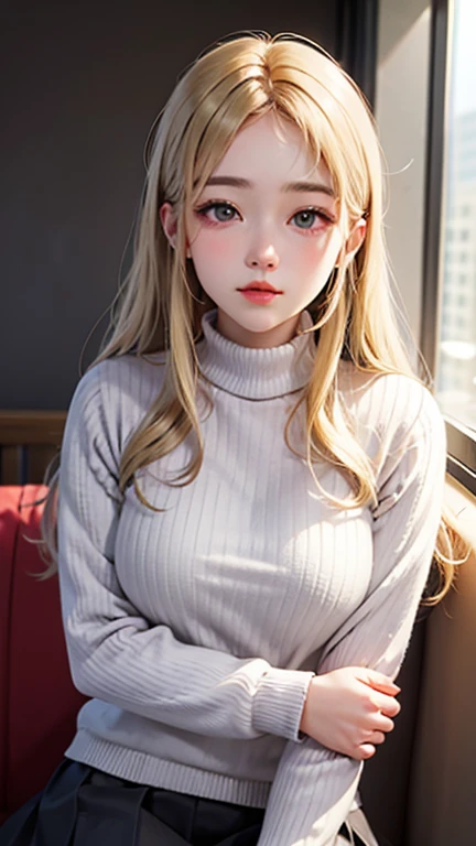 Blushing lightly and smiling, (Top quality masterpiece:1.2) Delicate illustrations, Very detailed, /Beautiful Japanese Woman、1 person,Very cute and slim、Excellent style 、((8K images、super high quality))、Very delicate face, Beautiful forehead、Red lipstick,(((((Long Hair、Gradient Hair、Blonde))))),Very cute Japanese cut face、Eyes and nose are clearly visible、Kind eyes,(Tight high neck sweater、Tight Skirt)、City of night、Cold winter